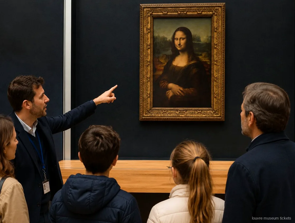 Guide pekar ut Mona Lisa för en familj med barn under en privat visning med biljetter till Louvren