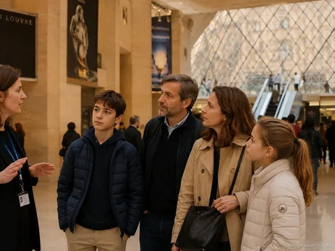 Gids in gesprek met ouders en twee tieners onder de glazen piramide, start van het gezinsbezoek met Louvre museum tickets