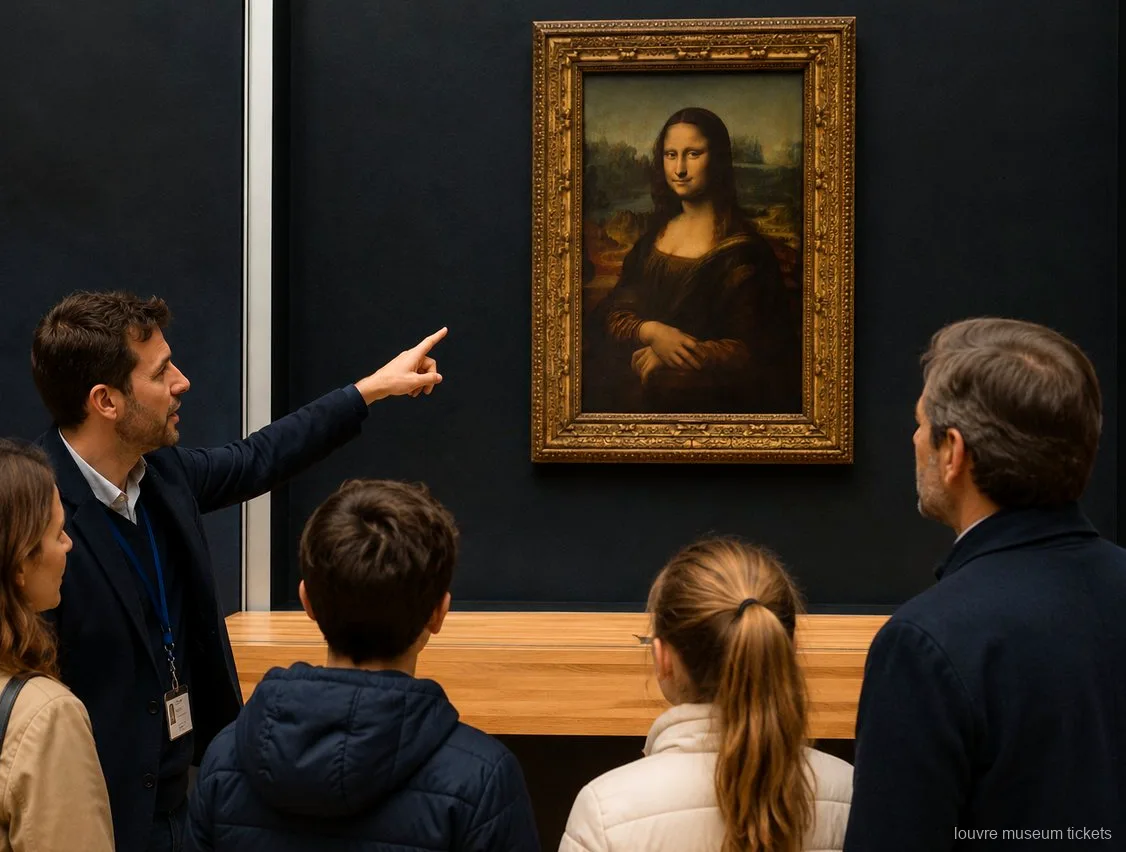 Gids wijst een gezin met kinderen op de Mona Lisa tijdens een privébezoek met Louvre museum tickets