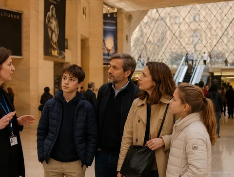 Guide talking with parents and two teens beneath the glass pyramid, start of a family visit with Louvre Museum tickets