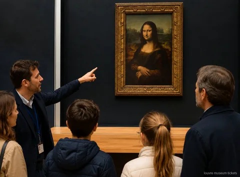 Guide pointing out the Mona Lisa to a family with children on a private visit with Louvre Museum tickets