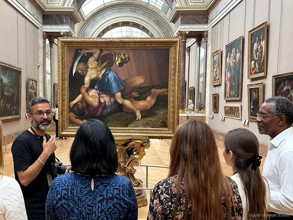Bir galeride yaldız çerçeveli büyük bir tablonun önünde dinleyen küçük grup, Louvre Müzesi biletleri ile ziyaret