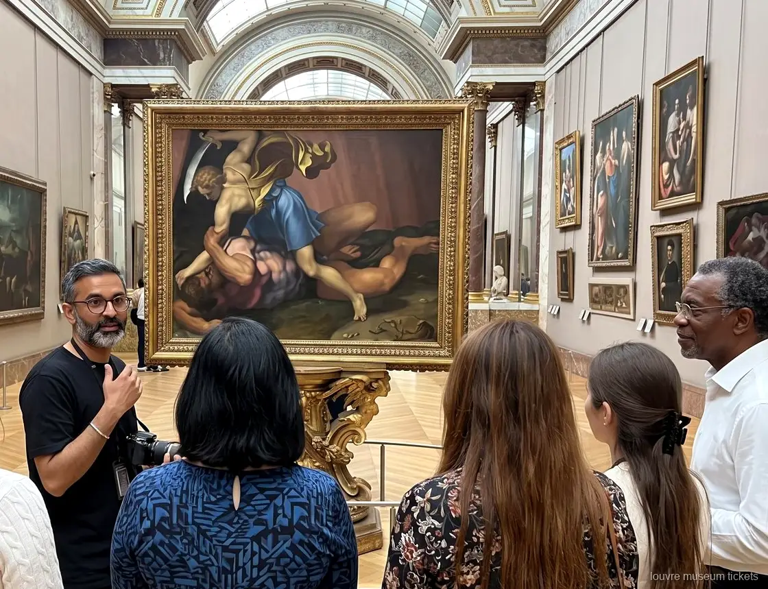 Lille gruppe lytter foran et stort maleri i forgyldt ramme i et galleri med ovenlys, besøg med Louvre billetter
