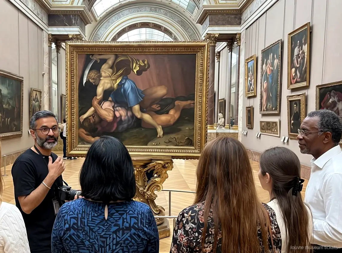 Kleine Gruppe hört vor einem großen Gemälde im Goldrahmen in einer Galerie mit Oberlicht zu, Besuch mit Louvre Tickets