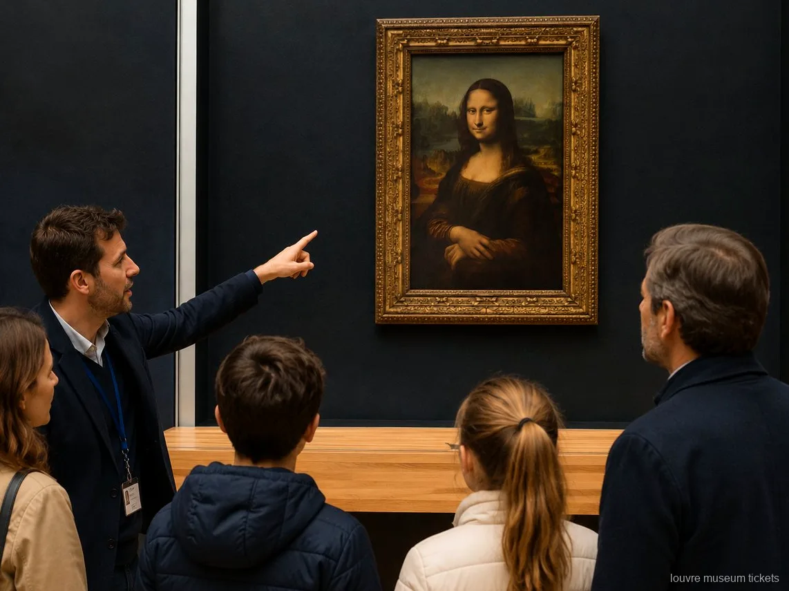 Guia a apontar a Mona Lisa a uma família com crianças numa visita privada com bilhetes Museu do Louvre