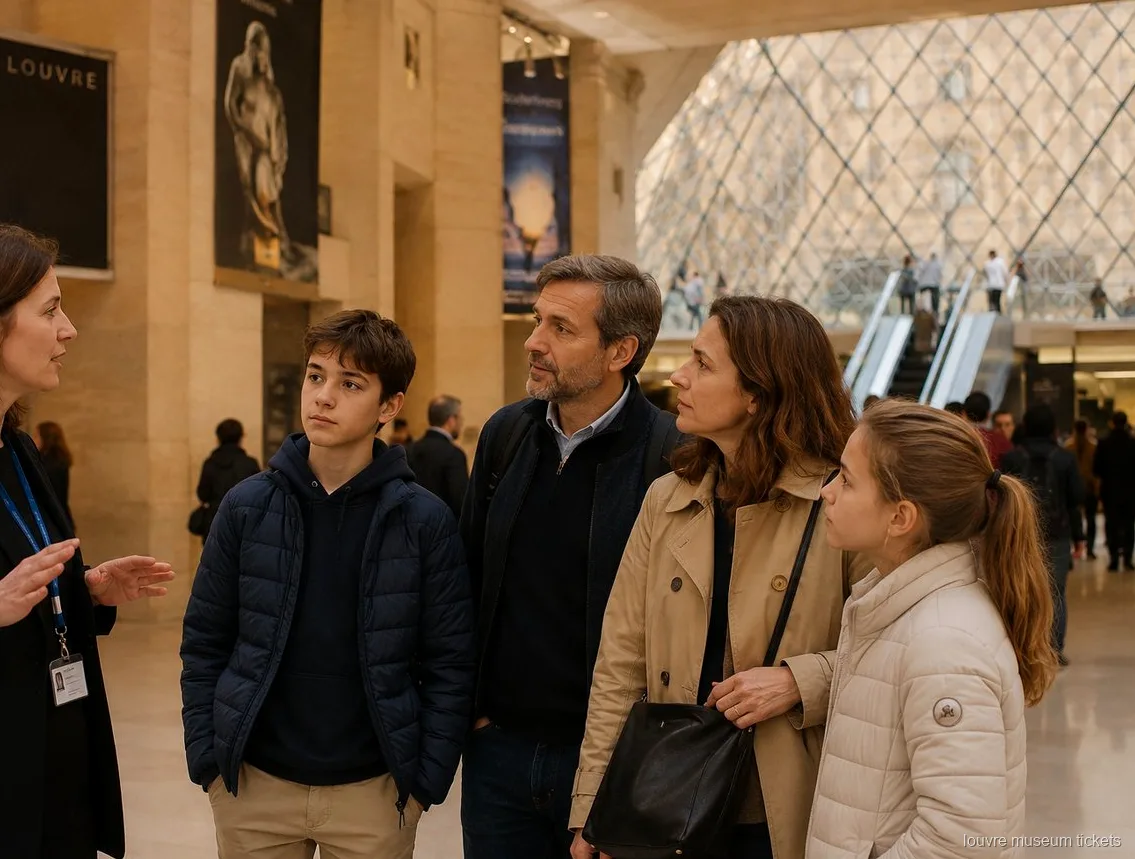 Guía hablando con una familia con dos adolescentes bajo la pirámide de cristal, visita con entradas Museo del Louvre