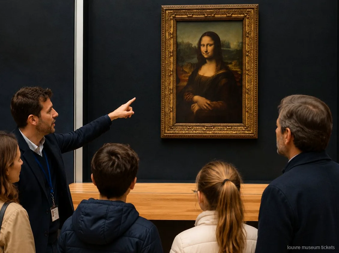 Guia assenyalant la Mona Lisa a una família amb nens durant una visita privada amb entrades del Museu del Louvre